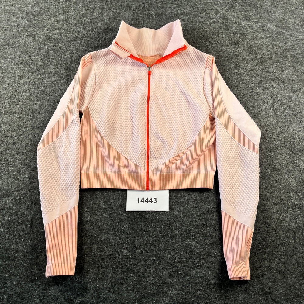 Womens Cropped Active Jacket Large Pink Nylon Stretch Full Zip Mock Neck Workout